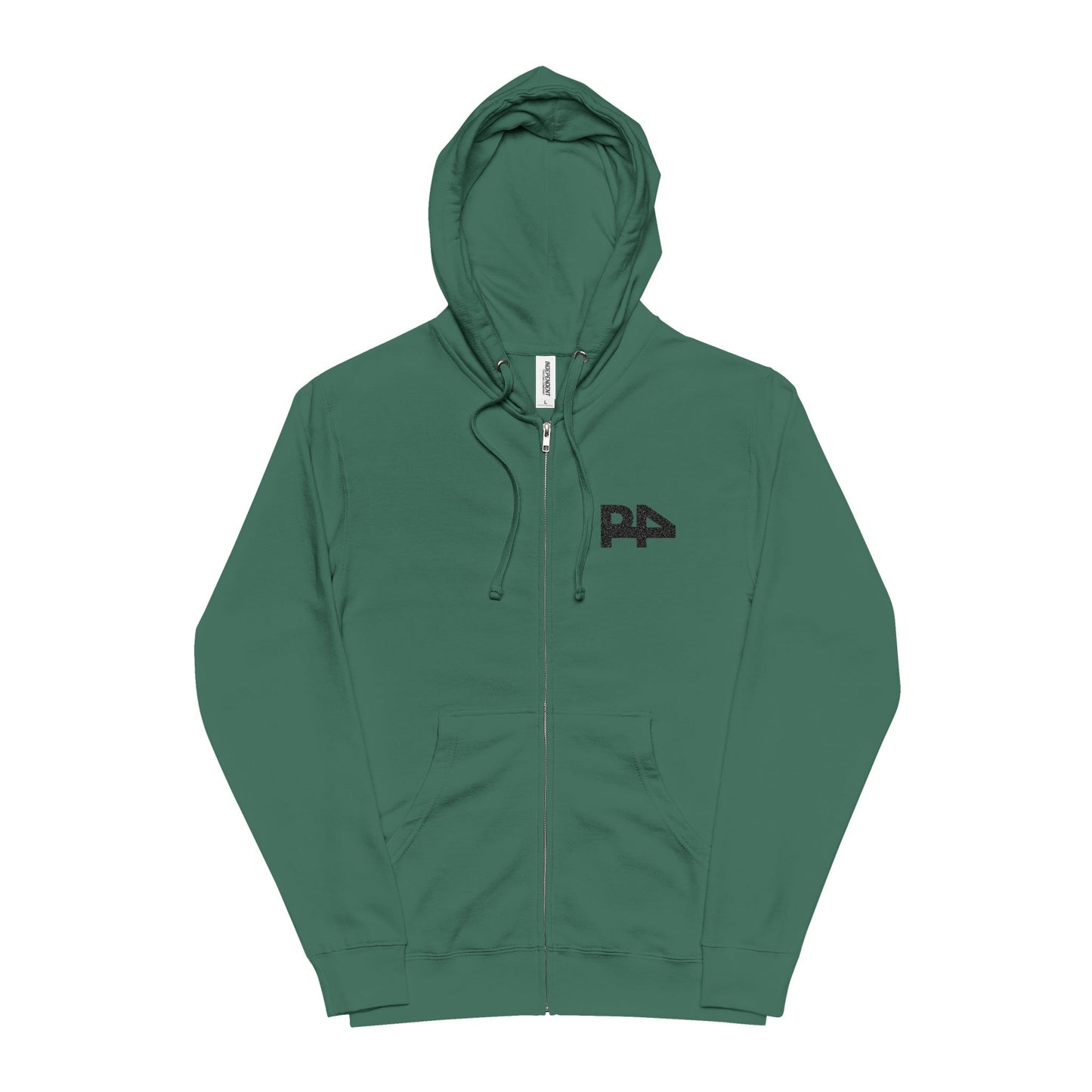 Zip-Up Hoodie — Minimal White Graphic Chest Logo, Cozy Green Fleece