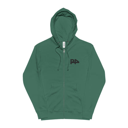 Zip-Up Hoodie — Minimal White Graphic Chest Logo, Cozy Green Fleece