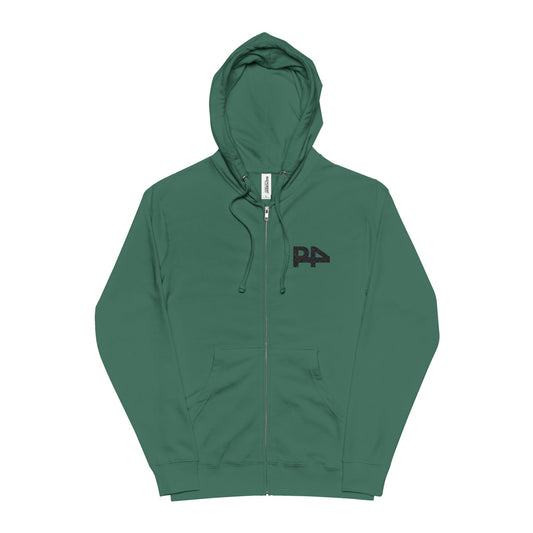 Zip-Up Hoodie — Minimal White Graphic Chest Logo, Cozy Green Fleece